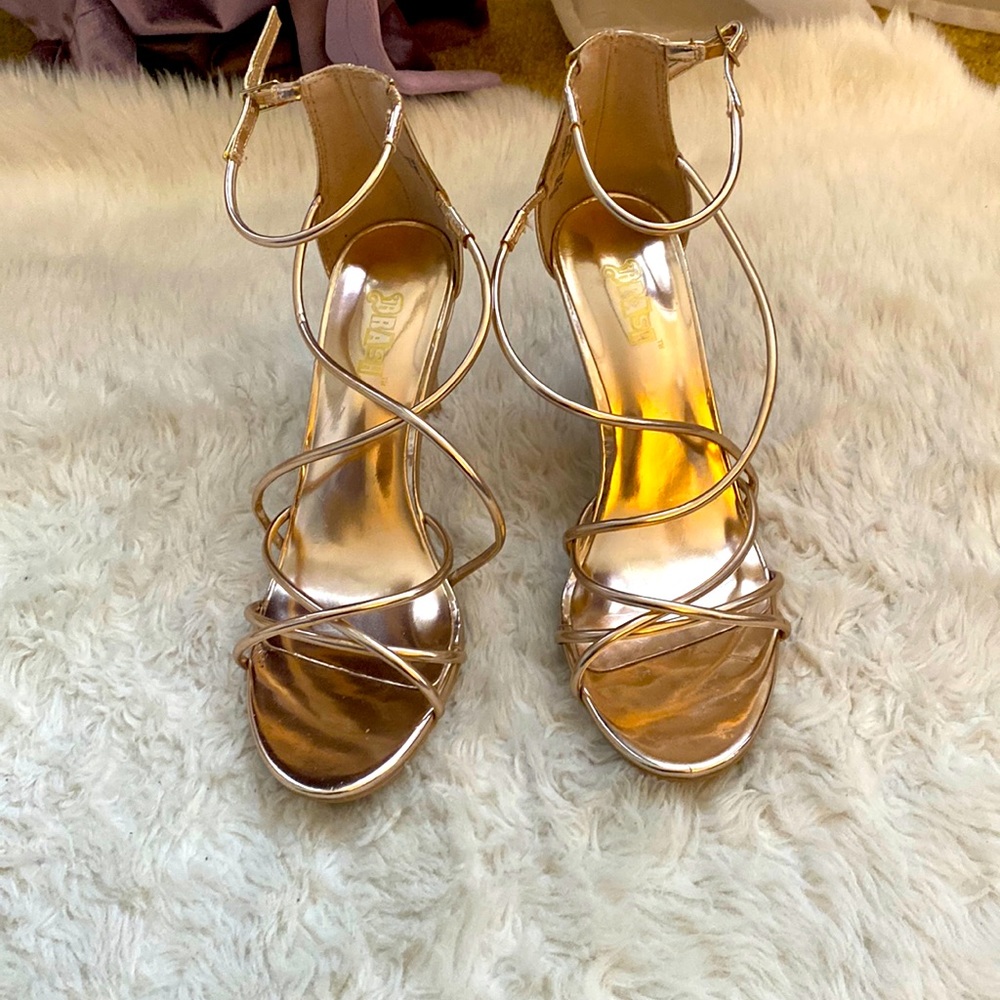 BRASH gold strappy 3” heels